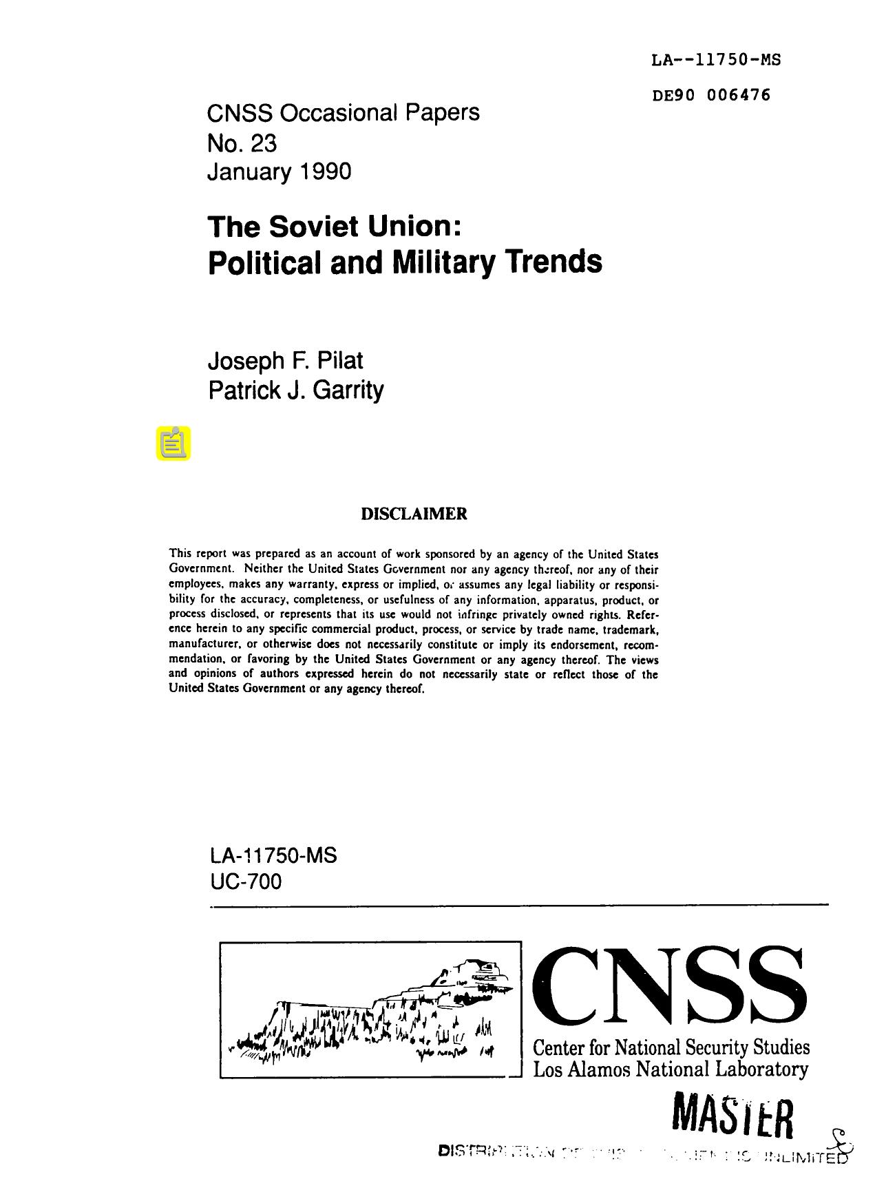 The Soviet Union : political and military trends DK289 .P54 1990 by LANL Research Library LWW Project