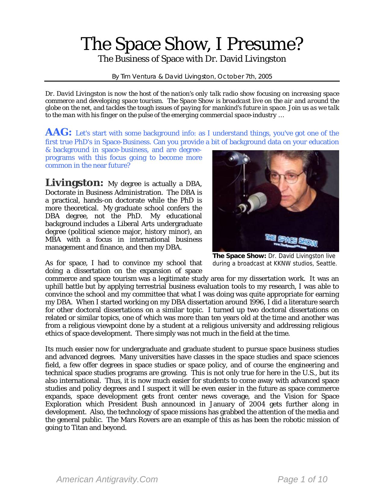 The Space Show: David Livingston Interview by Tim Ventura