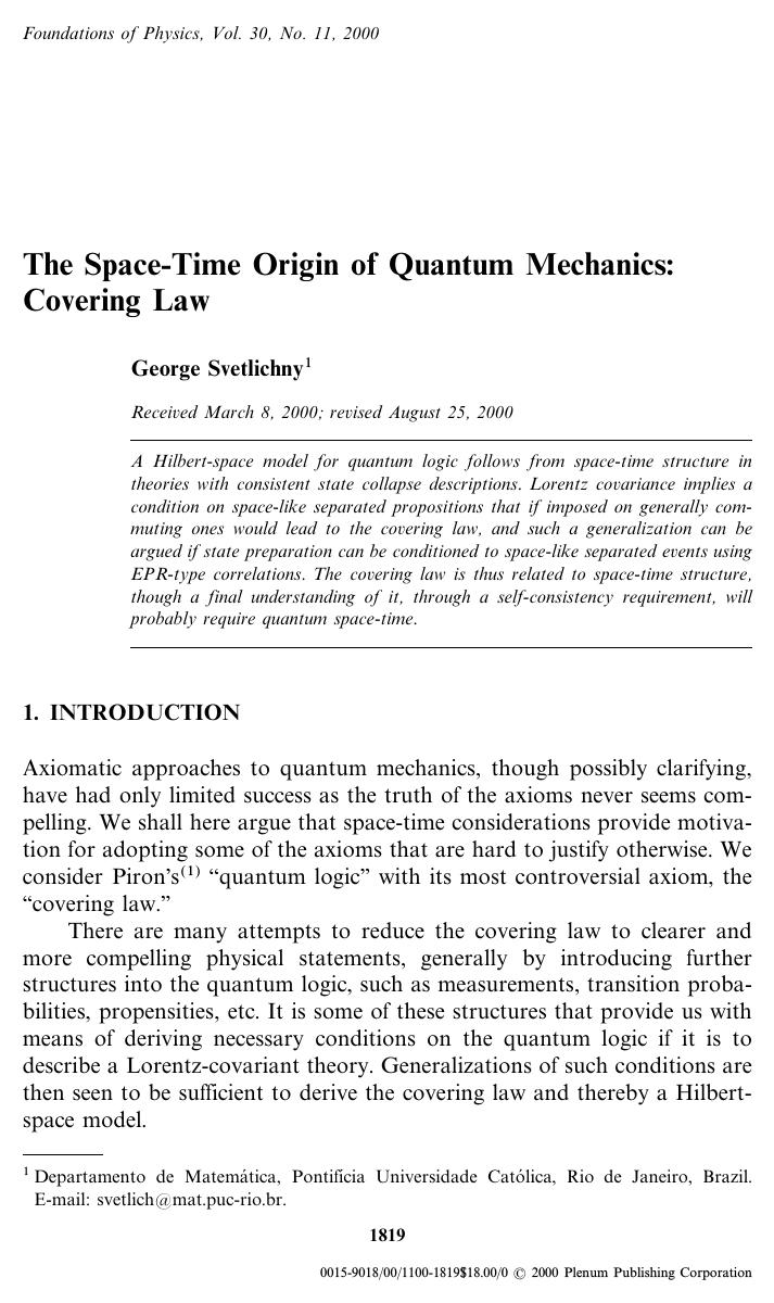 The Space-Time Origin of Quantum Mechanics: Covering Law by Unknown
