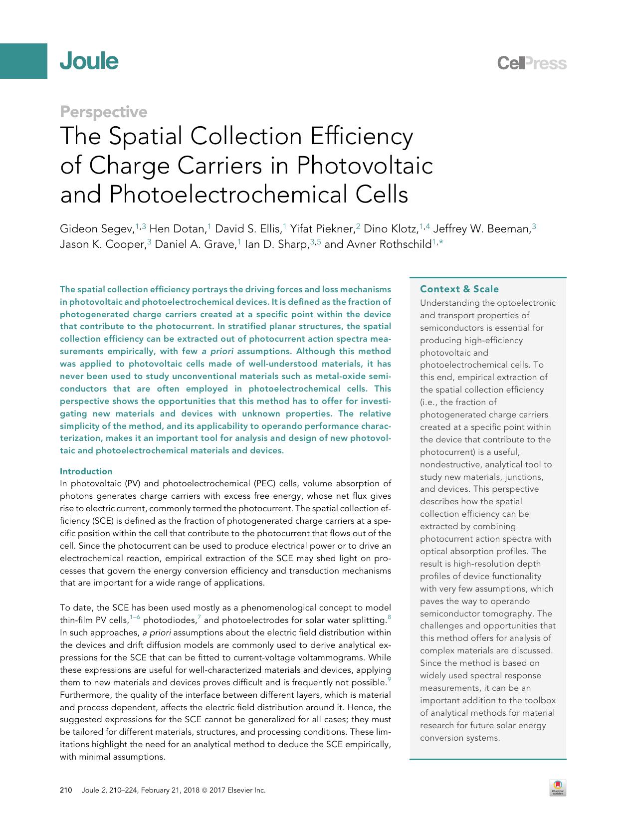 The Spatial Collection Efficiency of Charge Carriers in Photovoltaic and Photoelectrochemical Cells by unknow