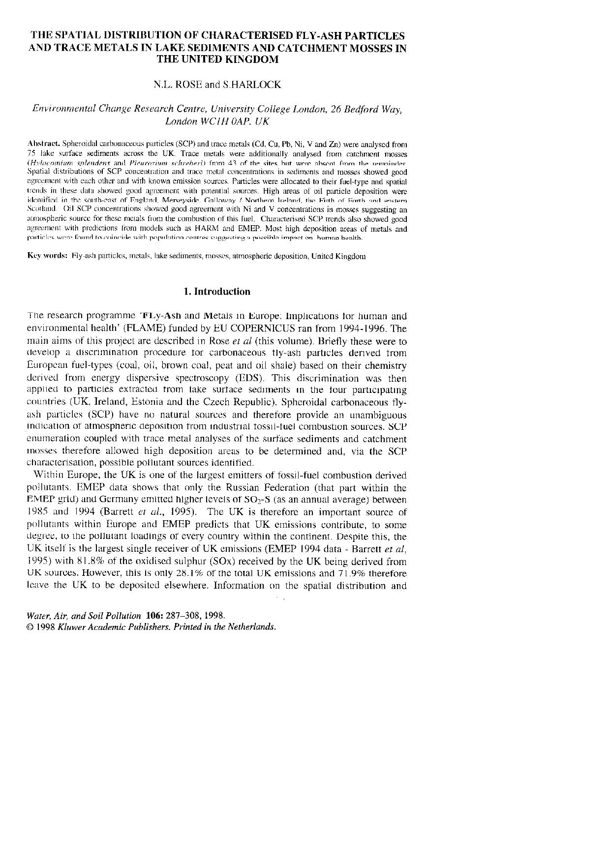 The Spatial Distribution of Characterised Fly-Ash Particles and Trace Metals in Lake Sediments and Catchment Mosses in the United Kingdom by Unknown