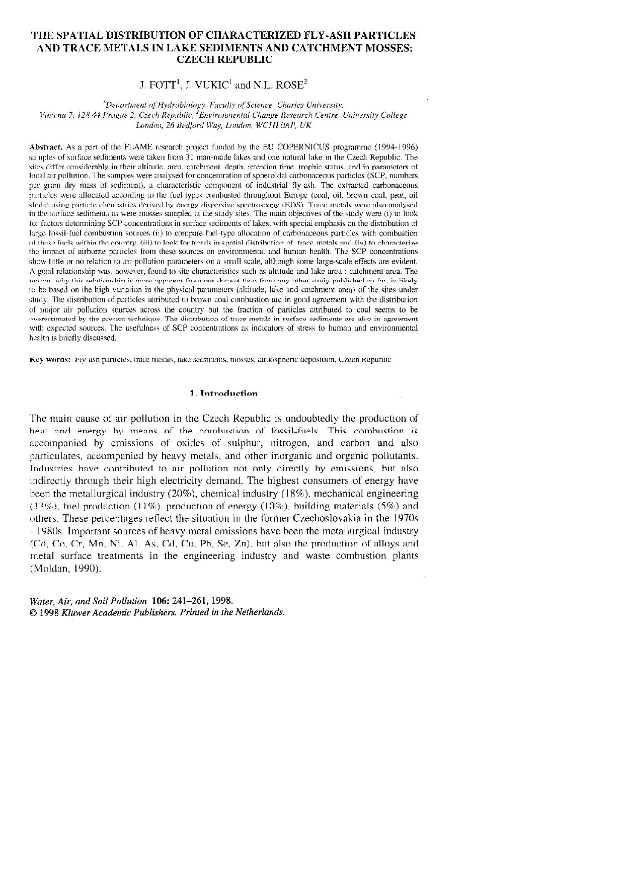 The Spatial Distribution of Characterized Fly-Ash Particles and Trace Metals in Lake Sediments and Catchment Mosses: Czech Republic by Unknown