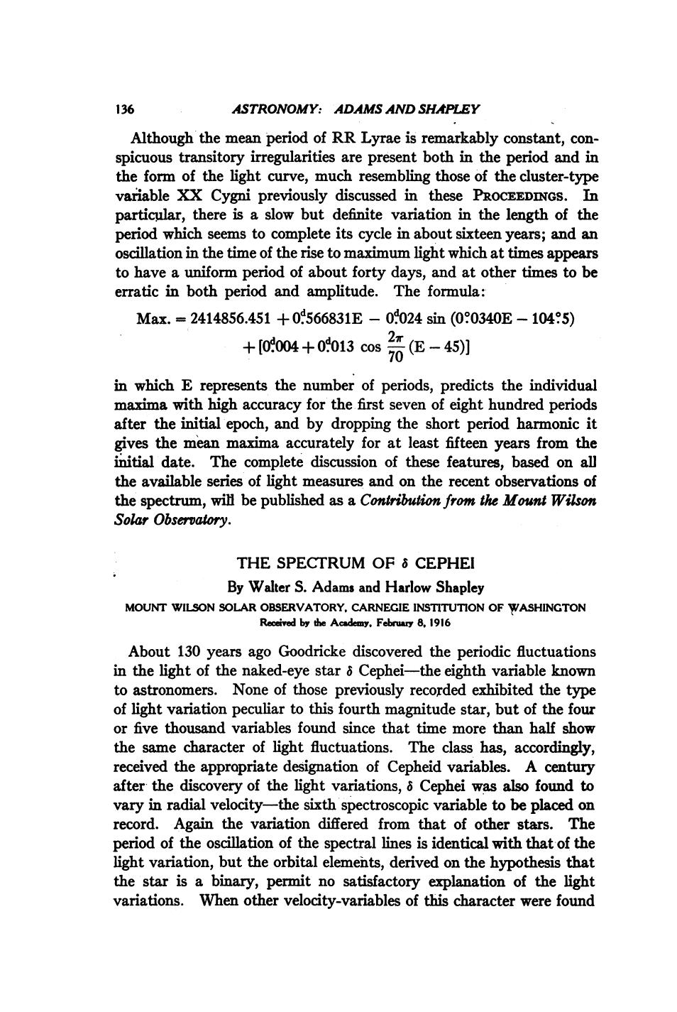 The Spectrum of Cephei by Adams W.S. Shapley H