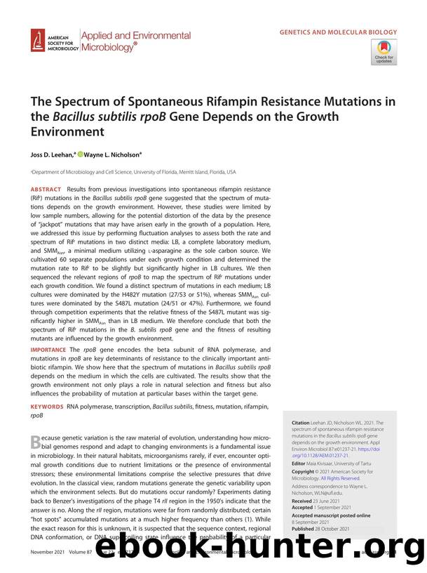 The Spectrum of Spontaneous Rifampin Resistance Mutations in the Bacillus subtilis rpoB Gene Depends on the Growth Environment by Joss D. Leehan & Wayne L. Nicholson