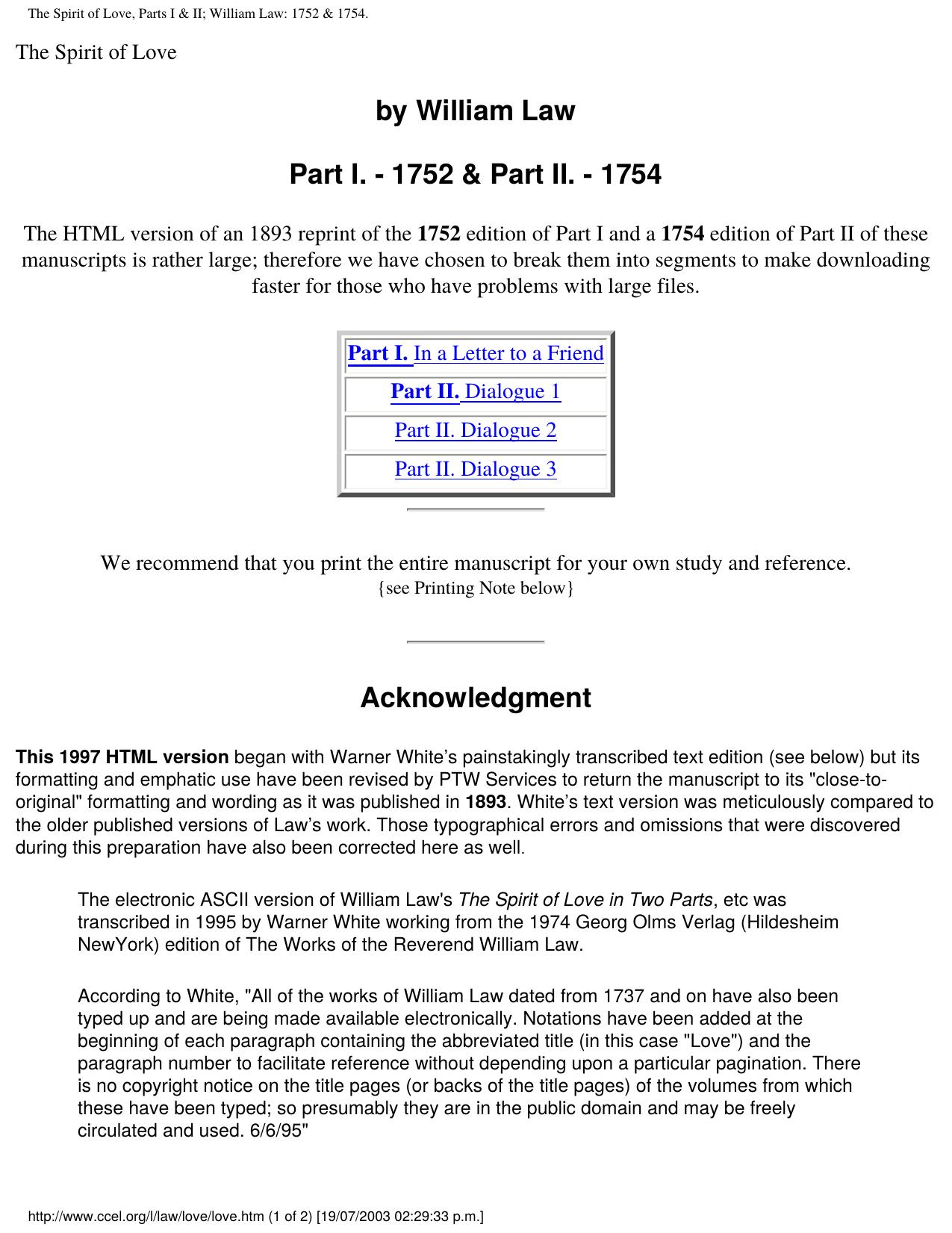 The Spirit of Love, Parts I & II; William Law: 1752 & 1754. by William Law