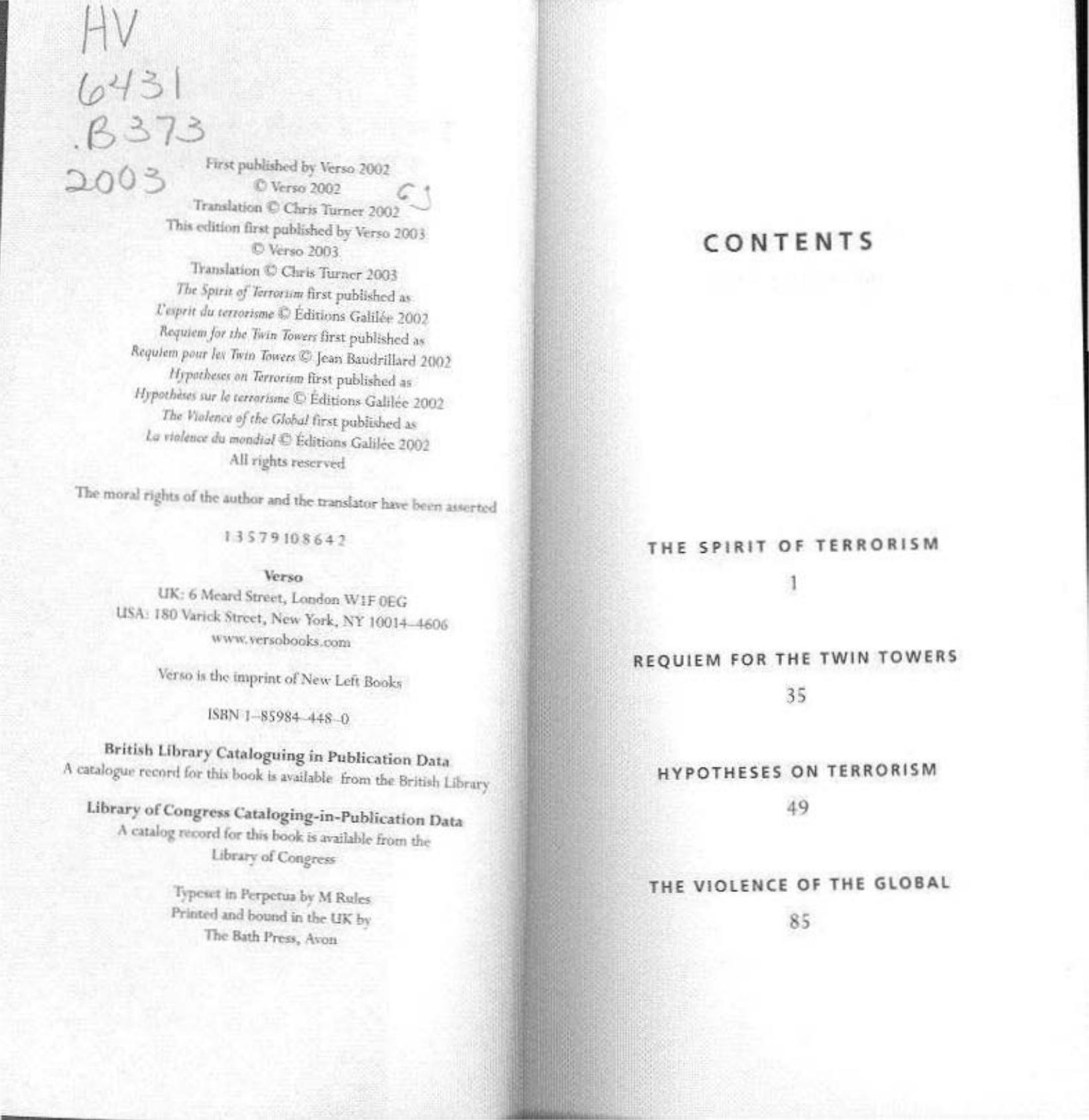 The Spirit of Terrorism, New Revised Edition by Jean Baudrillard Chris Turner