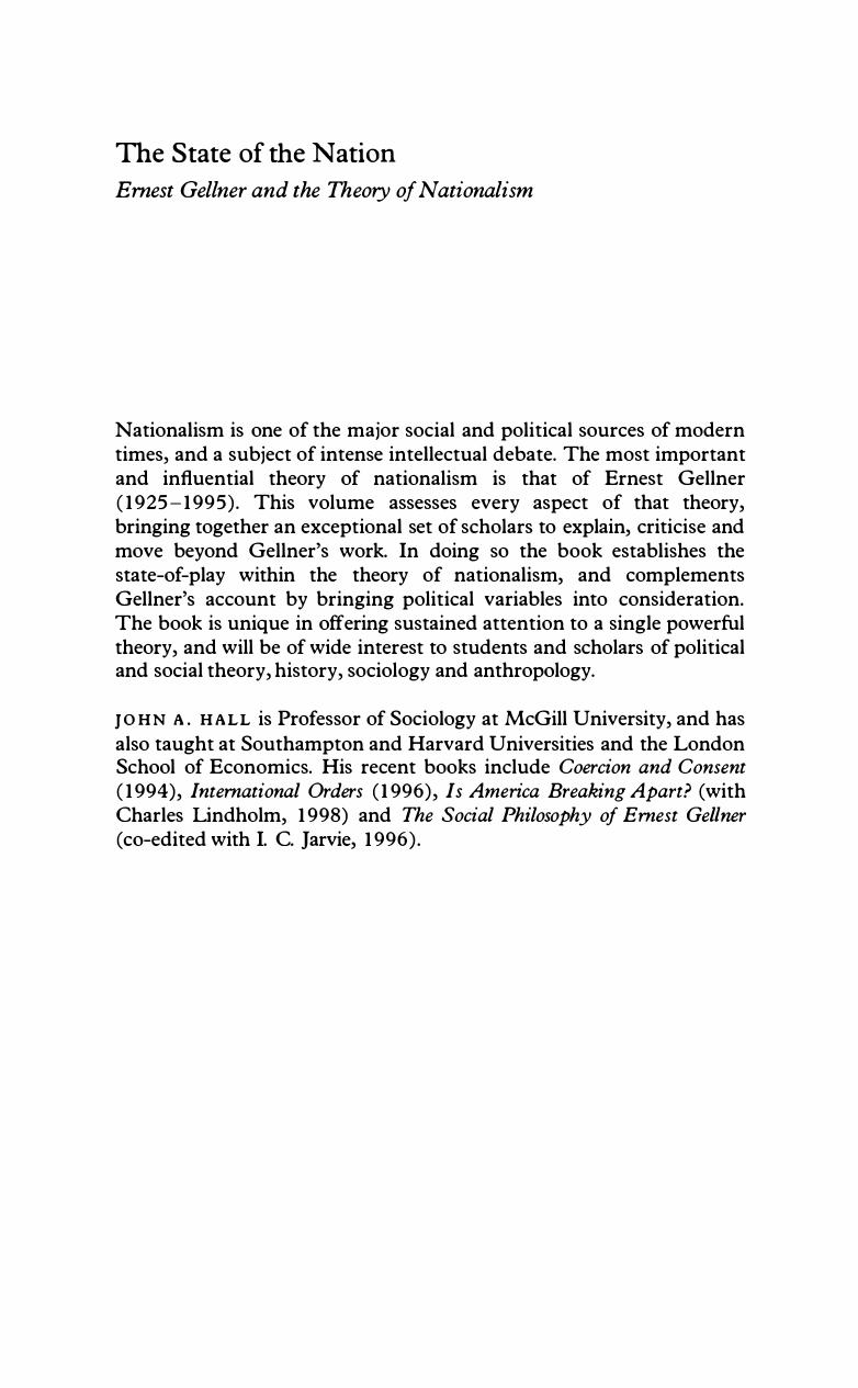The State of the Nation: Ernest Gellner and the Theory of Nationalism by John A. Hall