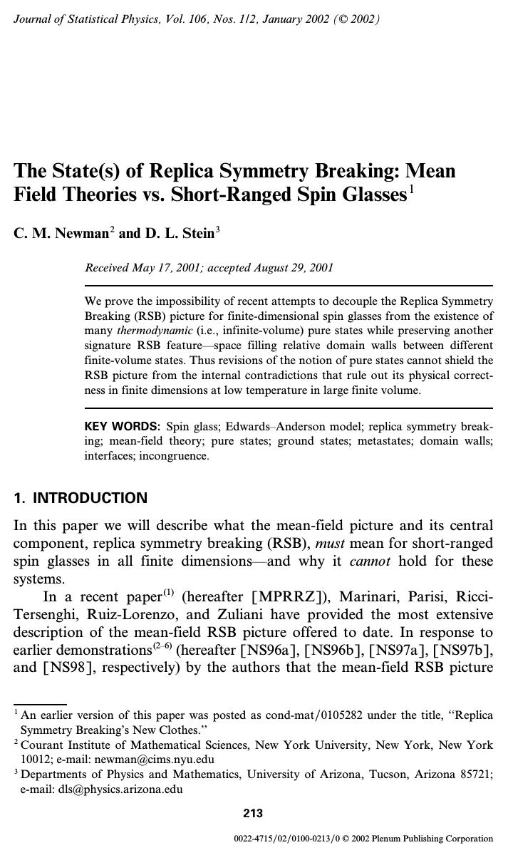 The State(s) of Replica Symmetry Breaking: Mean Field Theories vs. Short-Ranged Spin Glasses by Unknown