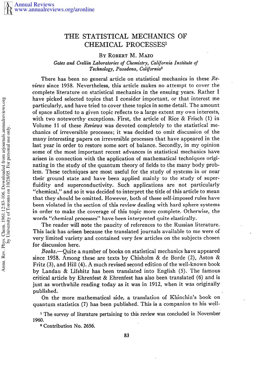 The Statistical Mechanics of Chemical Processes by R M Mazo