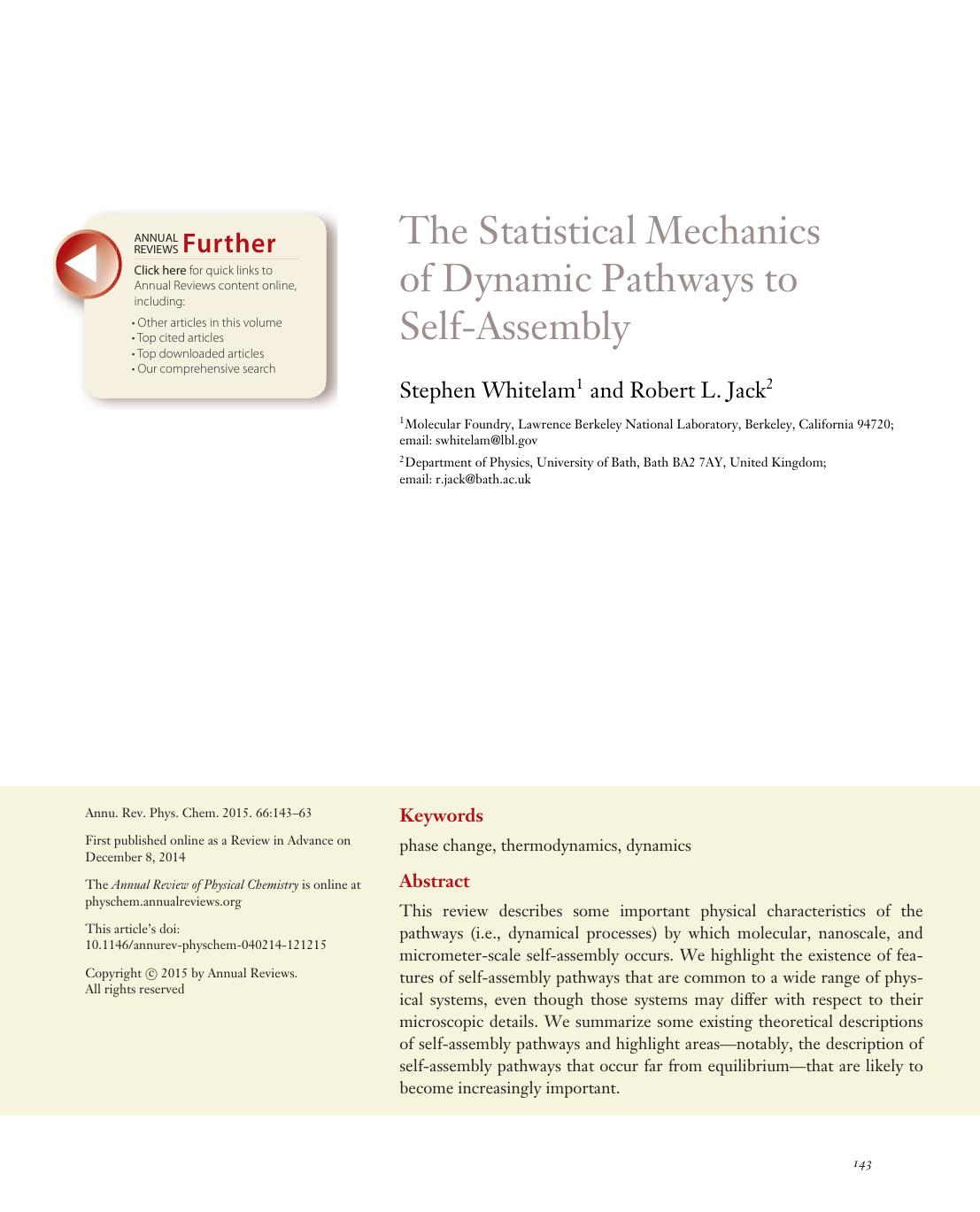 The Statistical Mechanics of Dynamic Pathways to Self-Assembly by Stephen Whitelam and Robert L. Jack