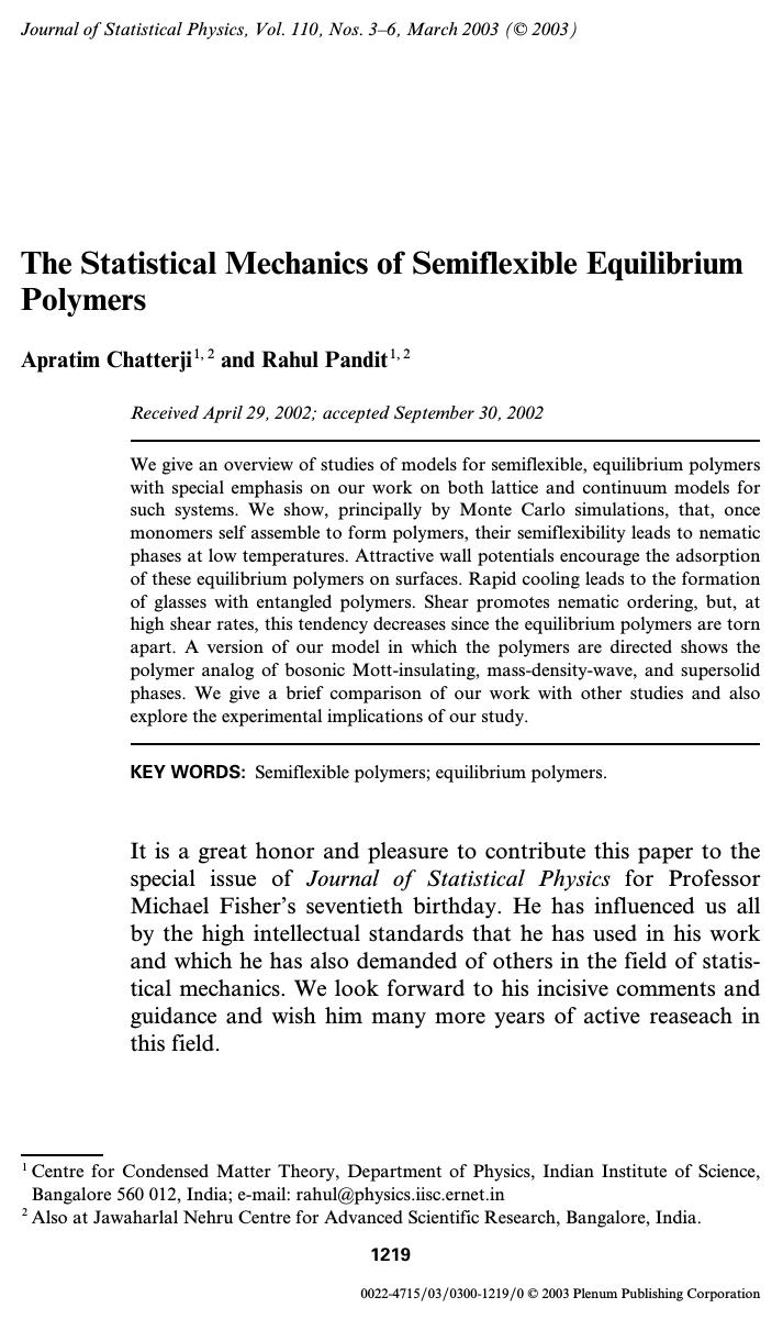 The Statistical Mechanics of Semiflexible Equilibrium Polymers by Unknown