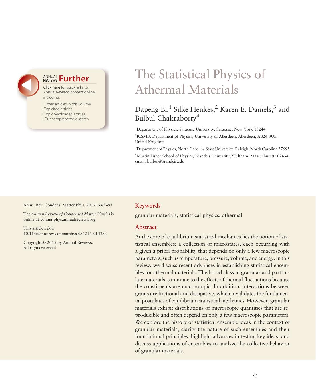 The Statistical Physics of Athermal Materials by Dapeng Bi Silke Henkes Karen E. Daniels Bulbul Chakraborty