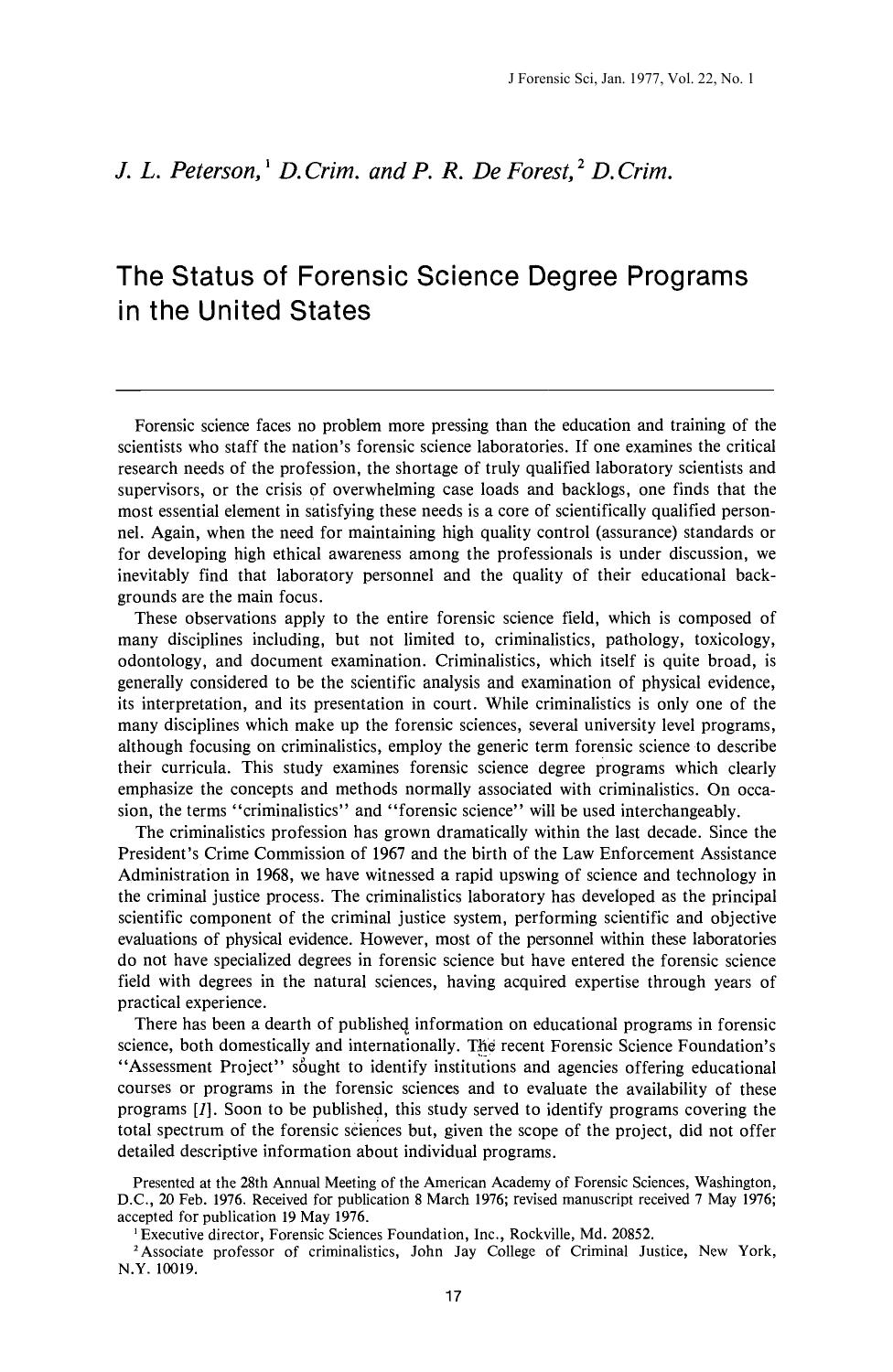 The Status of Forensic Science Degree Programs in the United States by Peterson JL De Forest PR