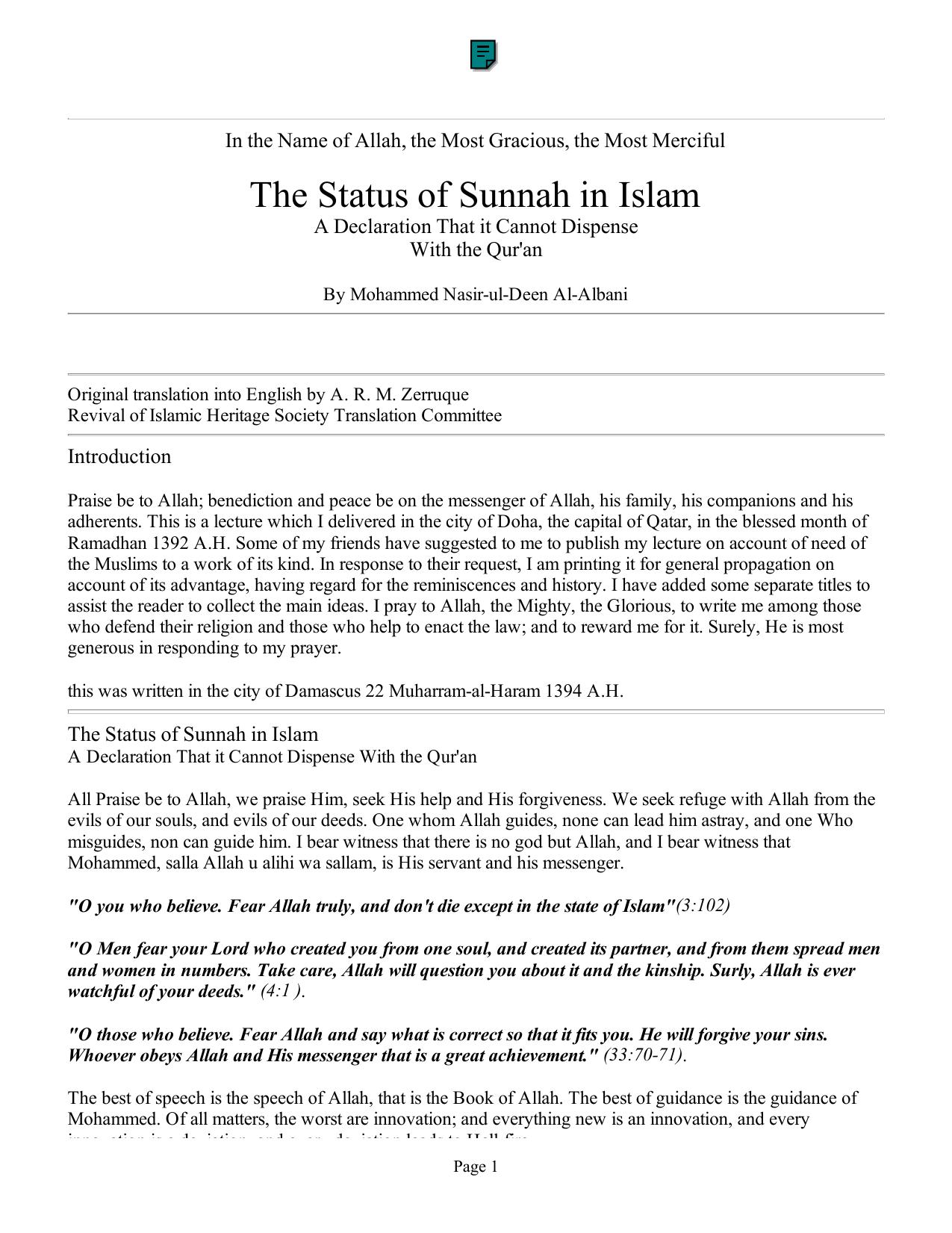 The Status of Sunnah in Islam by Abd