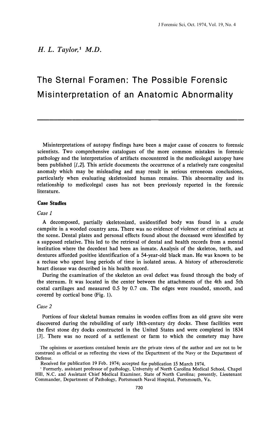 The Sternal Foramen: The Possible Forensic Misinterpretation of an Anatomic Abnormality by Taylor HL