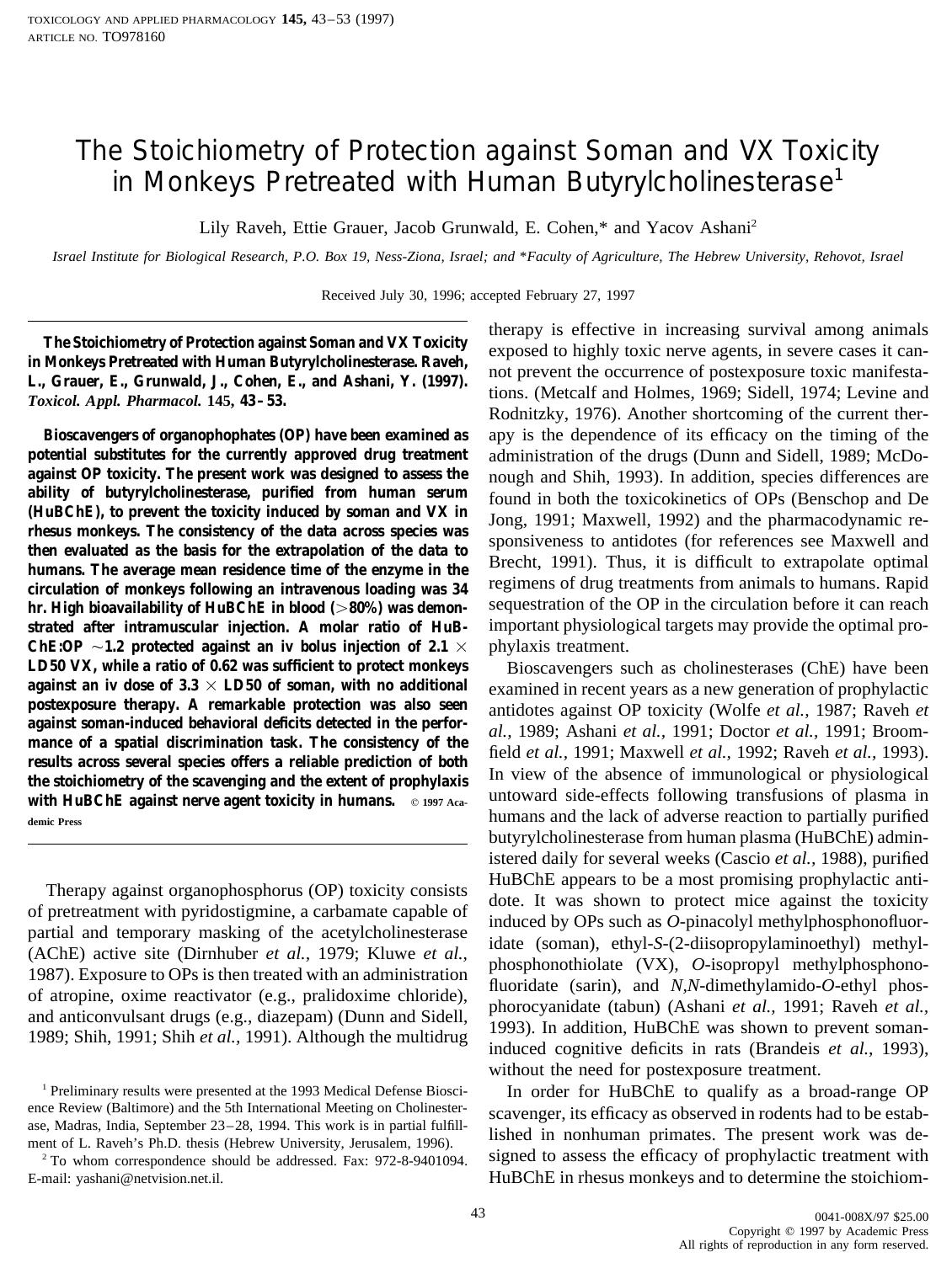 The Stoichiometry of Protection against Soman and VX Toxicity in Monkeys Pretreated with Human Butyrylcholinesterase by Raveh L. et al