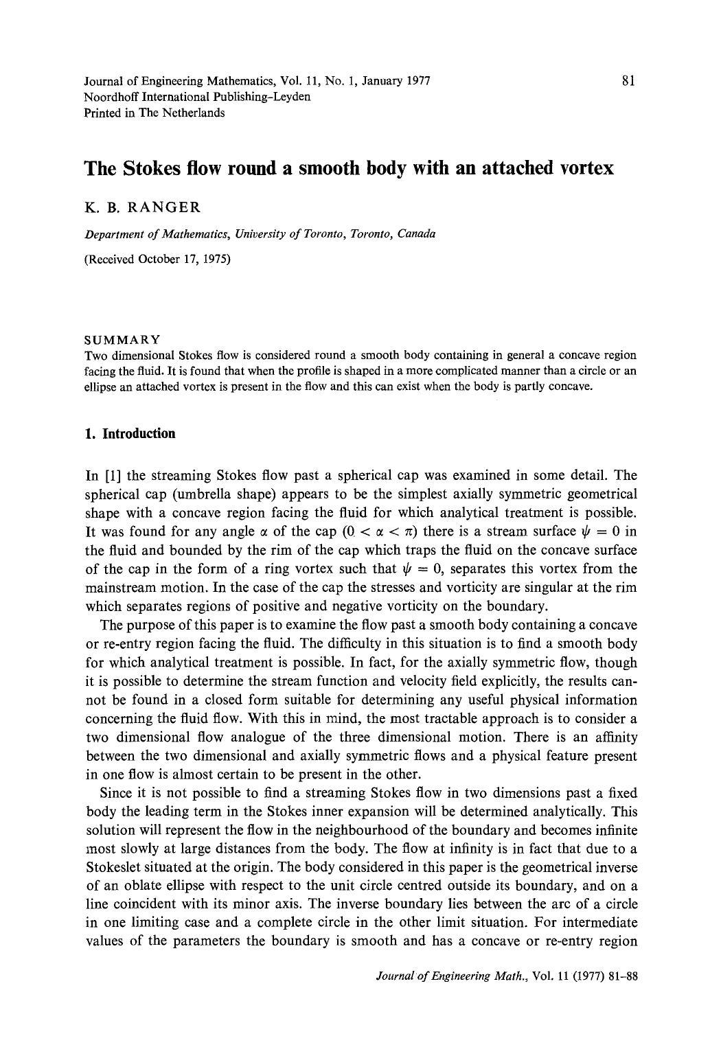 The Stokes flow round a smooth body with an attached vortex by Unknown