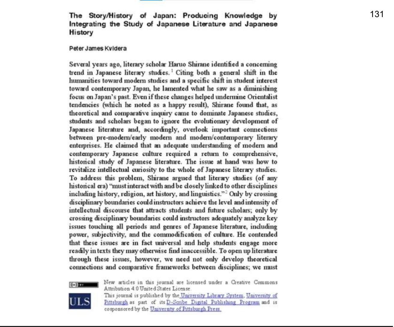 The Story/History of Japan: producing knowledge by integrating the study of Japanese literature and Japanese history by Peter James Kvidera