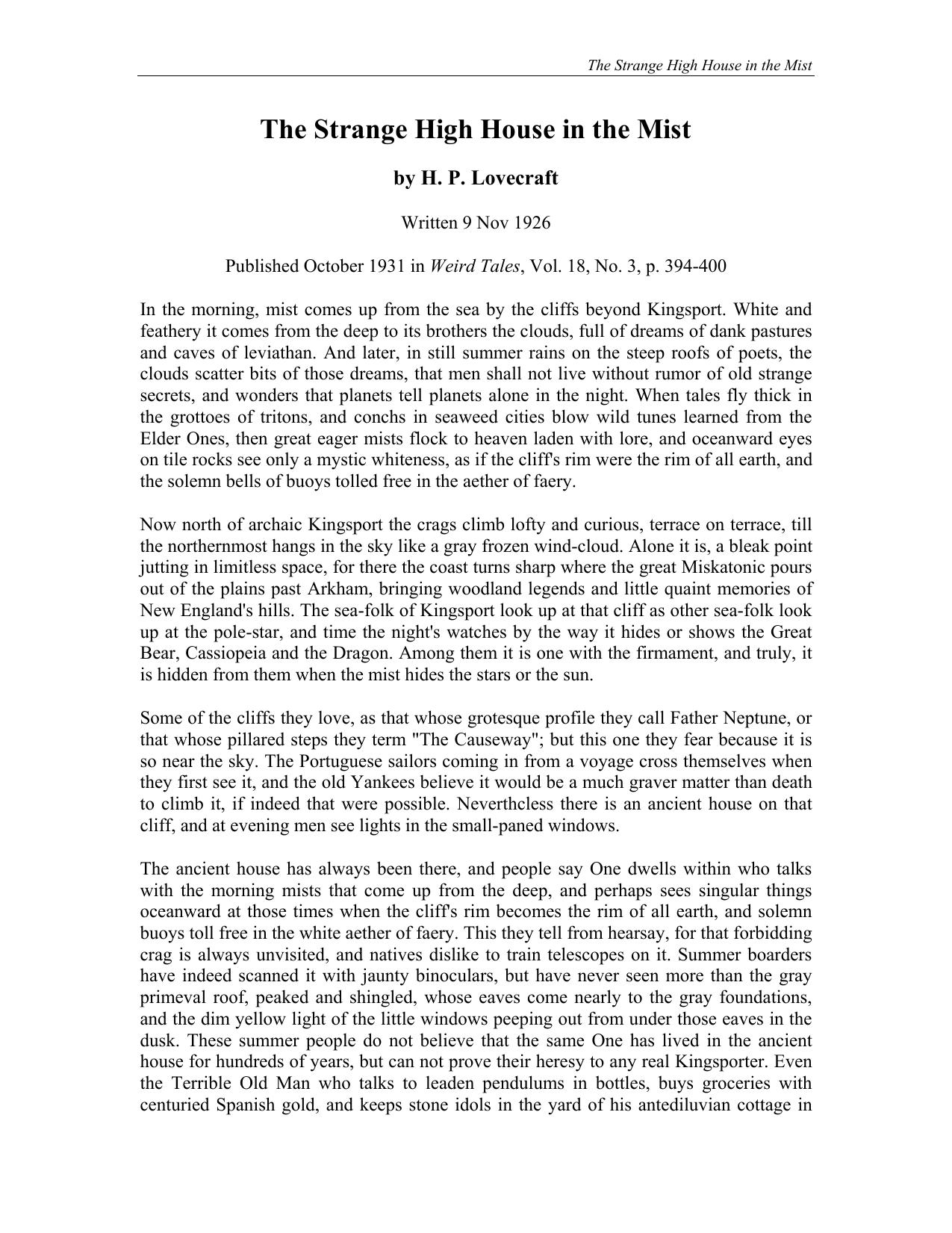 The Strange High House in the Mist by H. P. Lovecraft