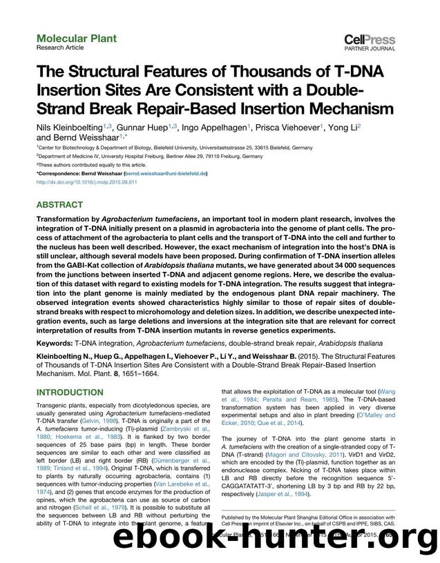 The Structural Features of Thousands of T-DNA Insertion Sites Are Consistent with a Double-Strand Break Repair-Based Insertion Mechanism by Nils Kleinboelting & Gunnar Huep & Ingo Appelhagen & Prisca Viehoever & Yong Li & Bernd Weisshaar