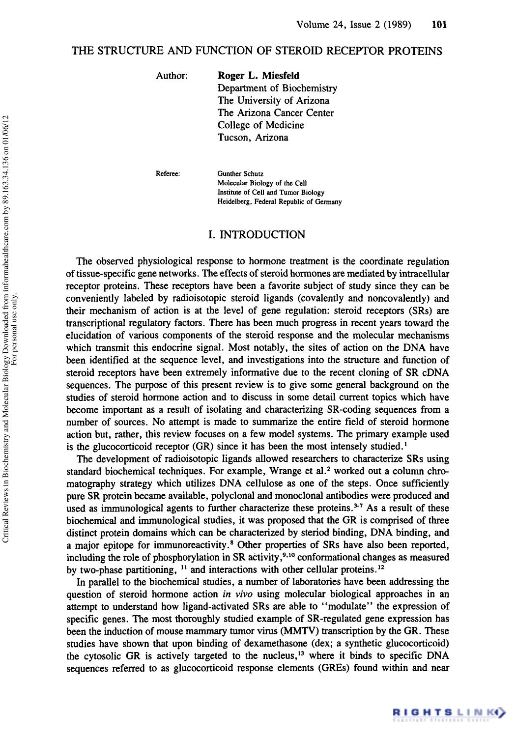The Structure and Function of Steroid Receptor Protein by Roger L. Miesfeld