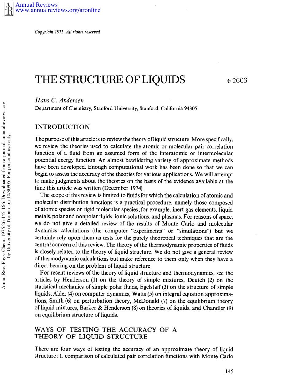 The Structure of Liquids by H C Andersen