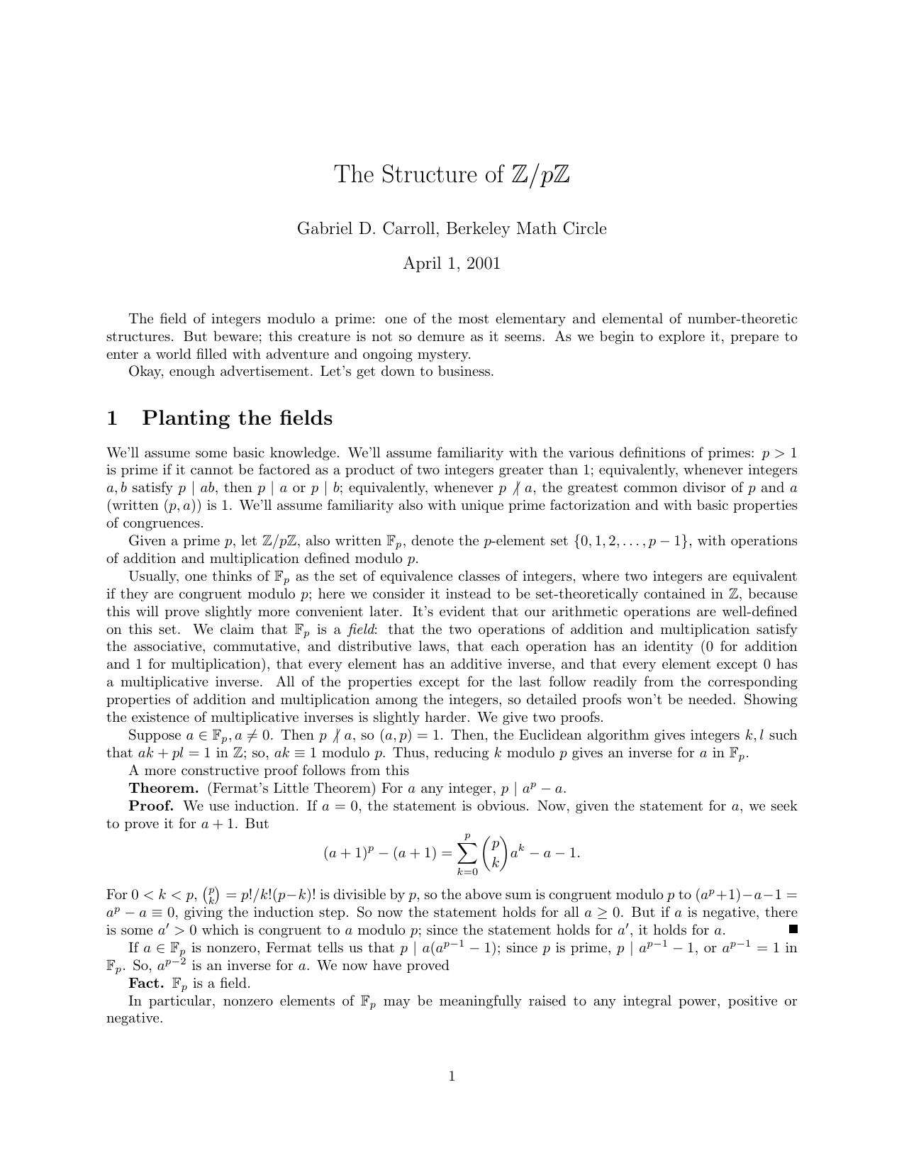 The Structure of Z/pZ by Gabriel D. Carroll