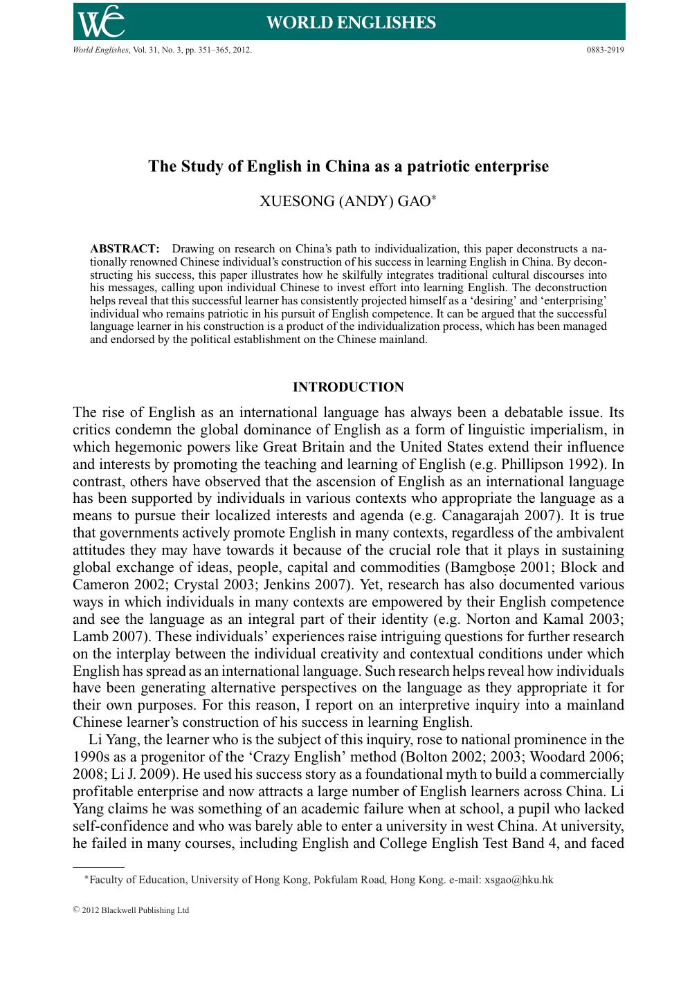 The Study of English in China as a patriotic enterprise by Gao X