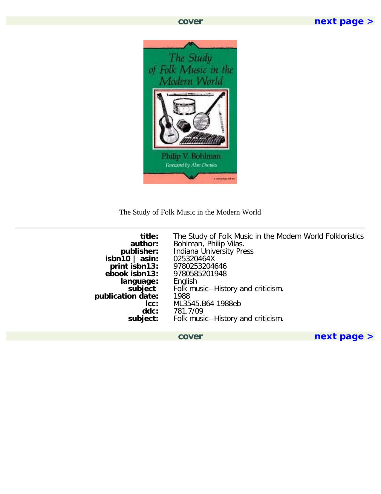 The Study of Folk Music in the Modern World (Folkloristics) by Philip V. Bohlman