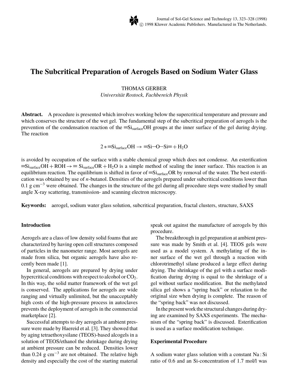 The Subcritical Preparation of Aerogels Based on Sodium Water Glass by Unknown