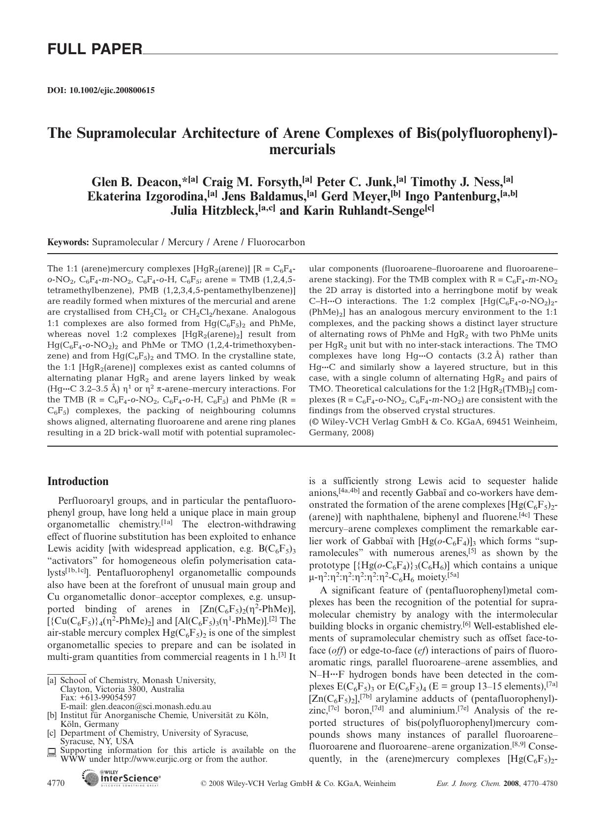 The Supramolecular Architecture of Arene Complexes of Bis(polyfluorophenyl)mercurials by Unknown