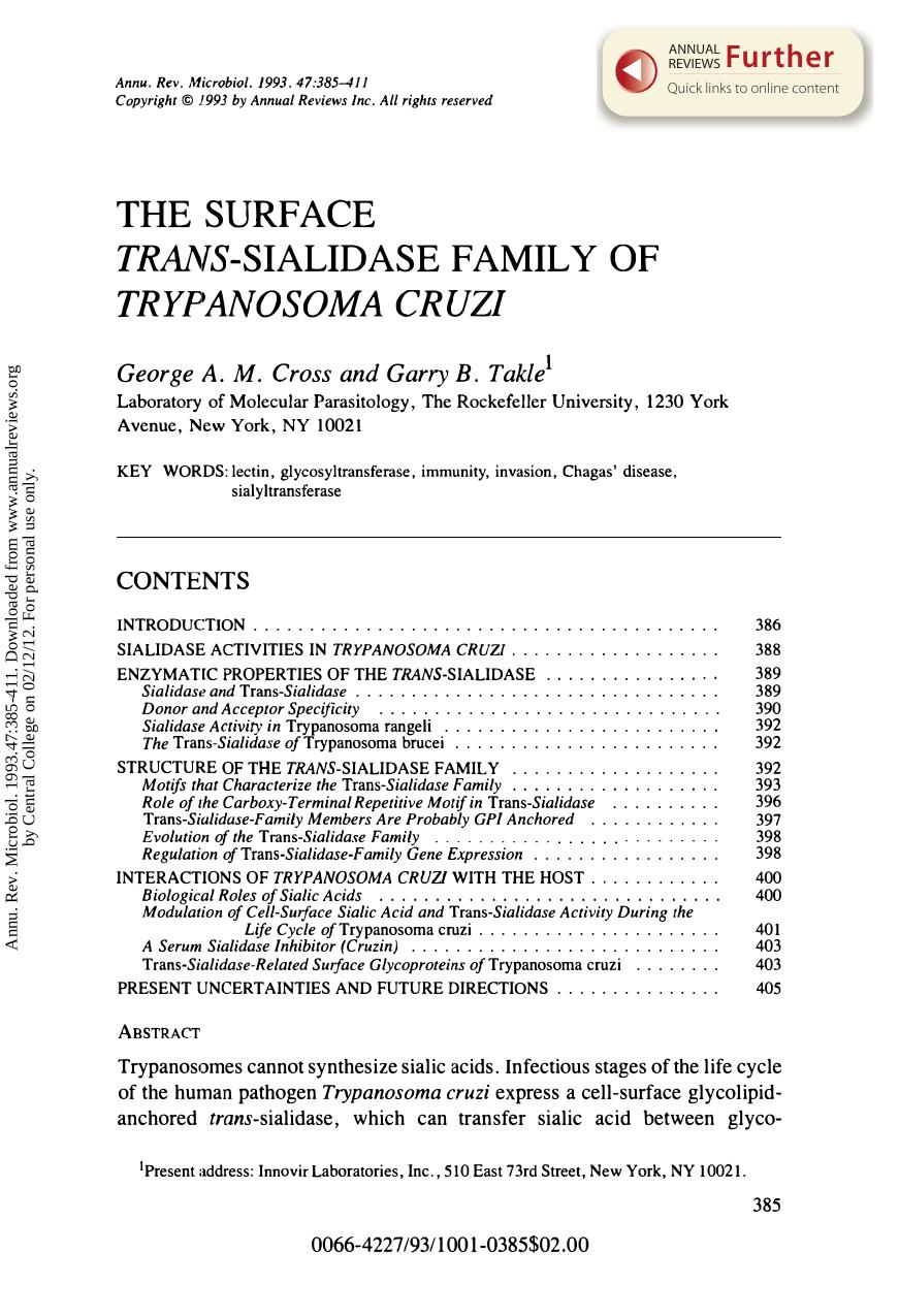 The Surface Trans-Sialidase Family of Trypanosoma Cruzi by G A M Cross & G B Takle