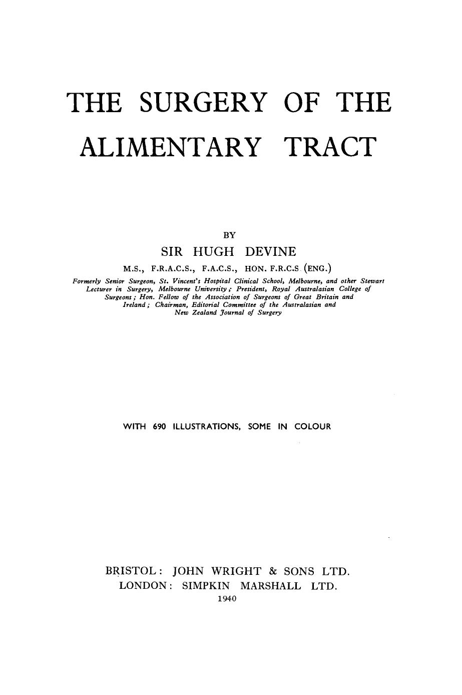 The Surgery of the Alimentary Tract by Hugh Devine (Auth.)