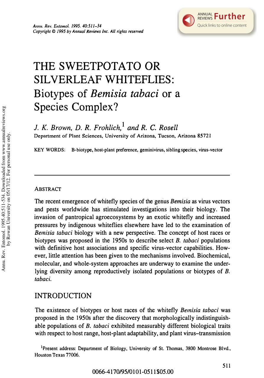 The Sweetpotato or Silverleaf Whiteflies: Biotypes of Bemisia tabaci or a Species Complex? by J K Brown D R Frohlich and & R C Rosell