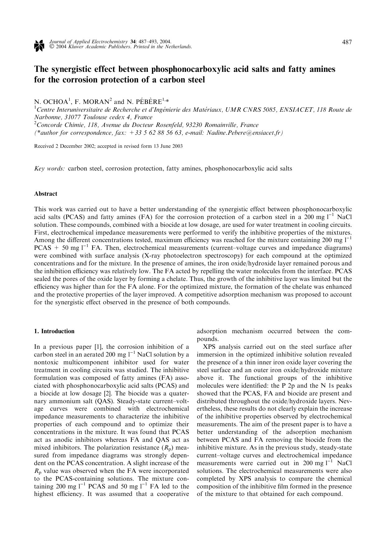 The Synergistic Effect Between Phosphonocarboxylic Acid Salts and Fatty Amines for the Corrosion Protection of a Carbon Steel by Unknown
