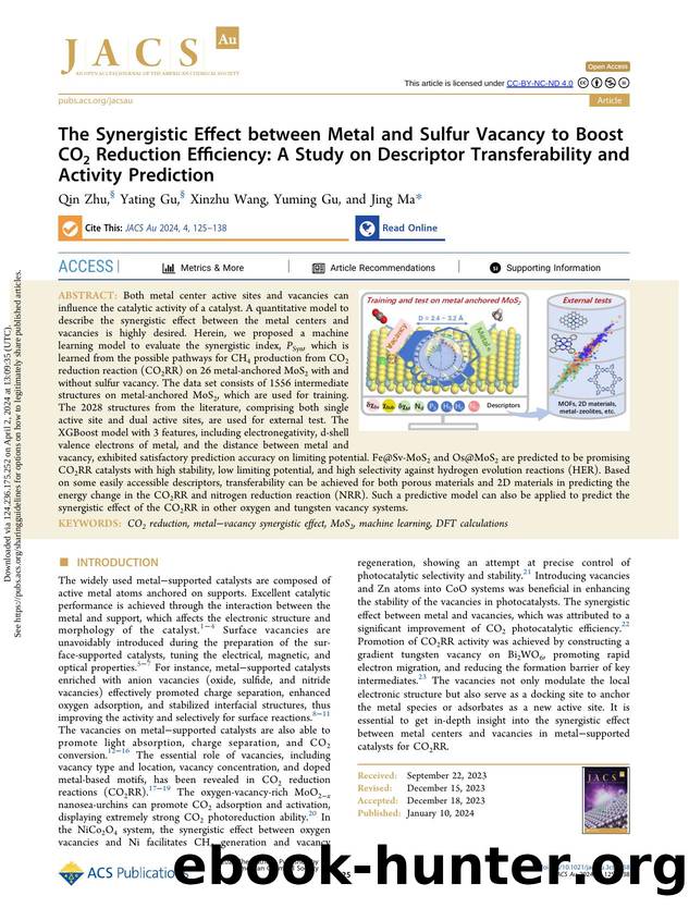 The Synergistic Effect between Metal and Sulfur Vacancy to Boost CO2 Reduction Efficiency: A Study on Descriptor Transferability and Activity Prediction by Qin Zhu Yating Gu Xinzhu Wang Yuming Gu & Jing Ma