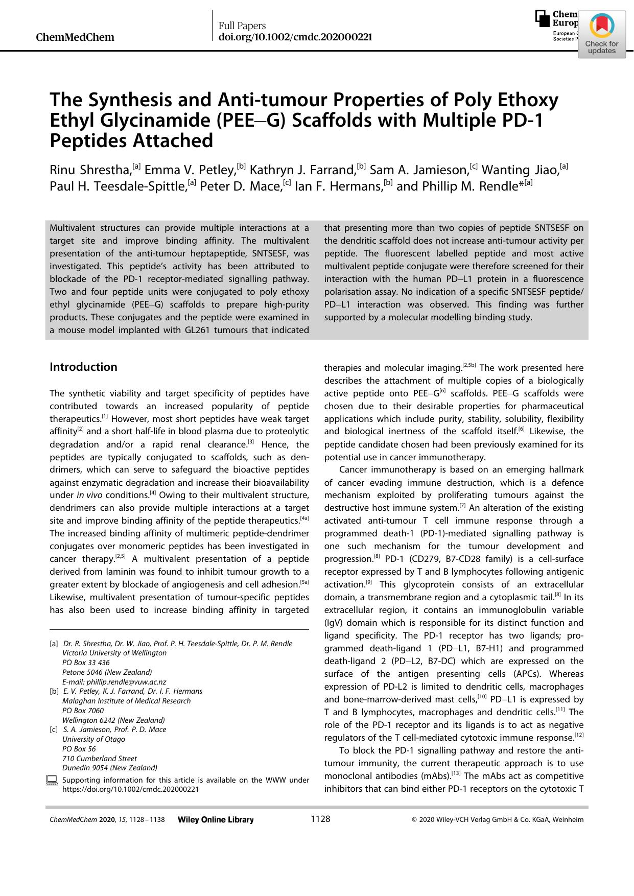 The Synthesis and Antiâtumour Properties of Poly Ethoxy Ethyl Glycinamide (PEEâG) Scaffolds with Multiple PDâ1 Peptides Attached by Unknown