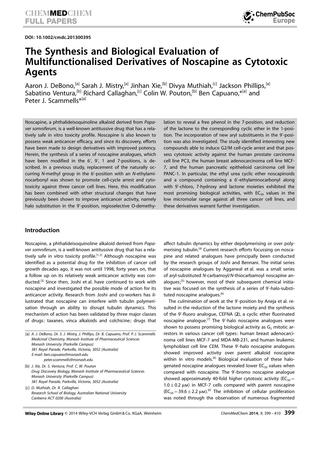 The Synthesis and Biological Evaluation of Multifunctionalised Derivatives of Noscapine as Cytotoxic Agents by Unknown