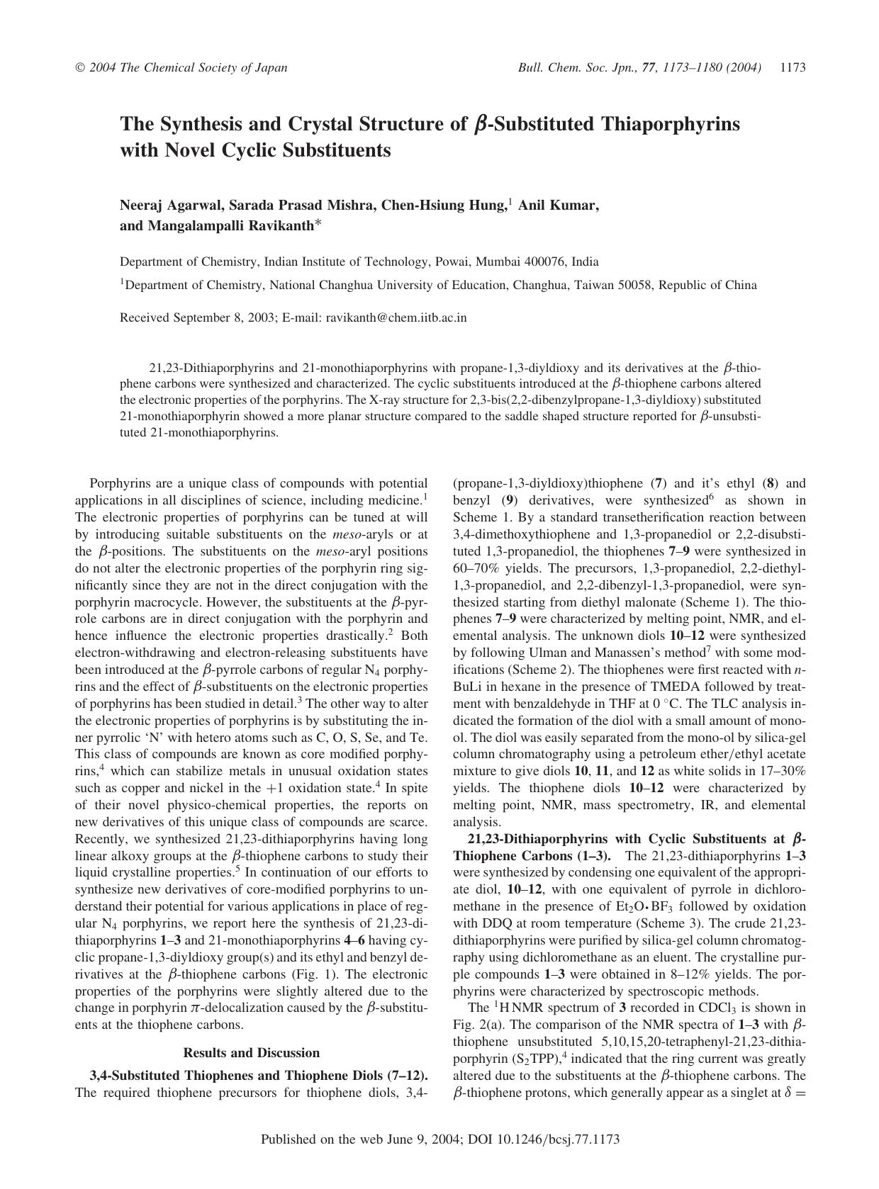 The Synthesis and Crystal Structure of \beta-Substituted Thiaporphyrins with Novel Cyclic Substituents by Neeraj Agarwal Sarada Prasad Mishra Chen-Hsiung Hung Anil Kumar & Mangalampalli Ravikanth