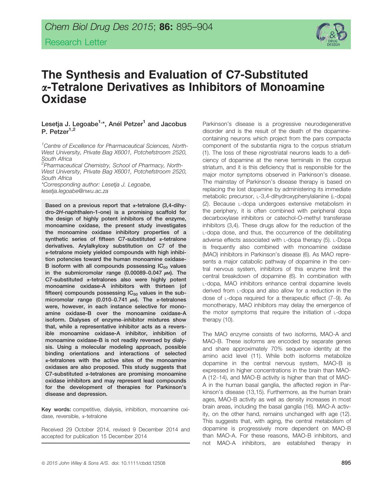 The Synthesis and Evaluation of C7‐Substituted α‐Tetralone Derivatives as Inhibitors of Monoamine Oxidase by unknow