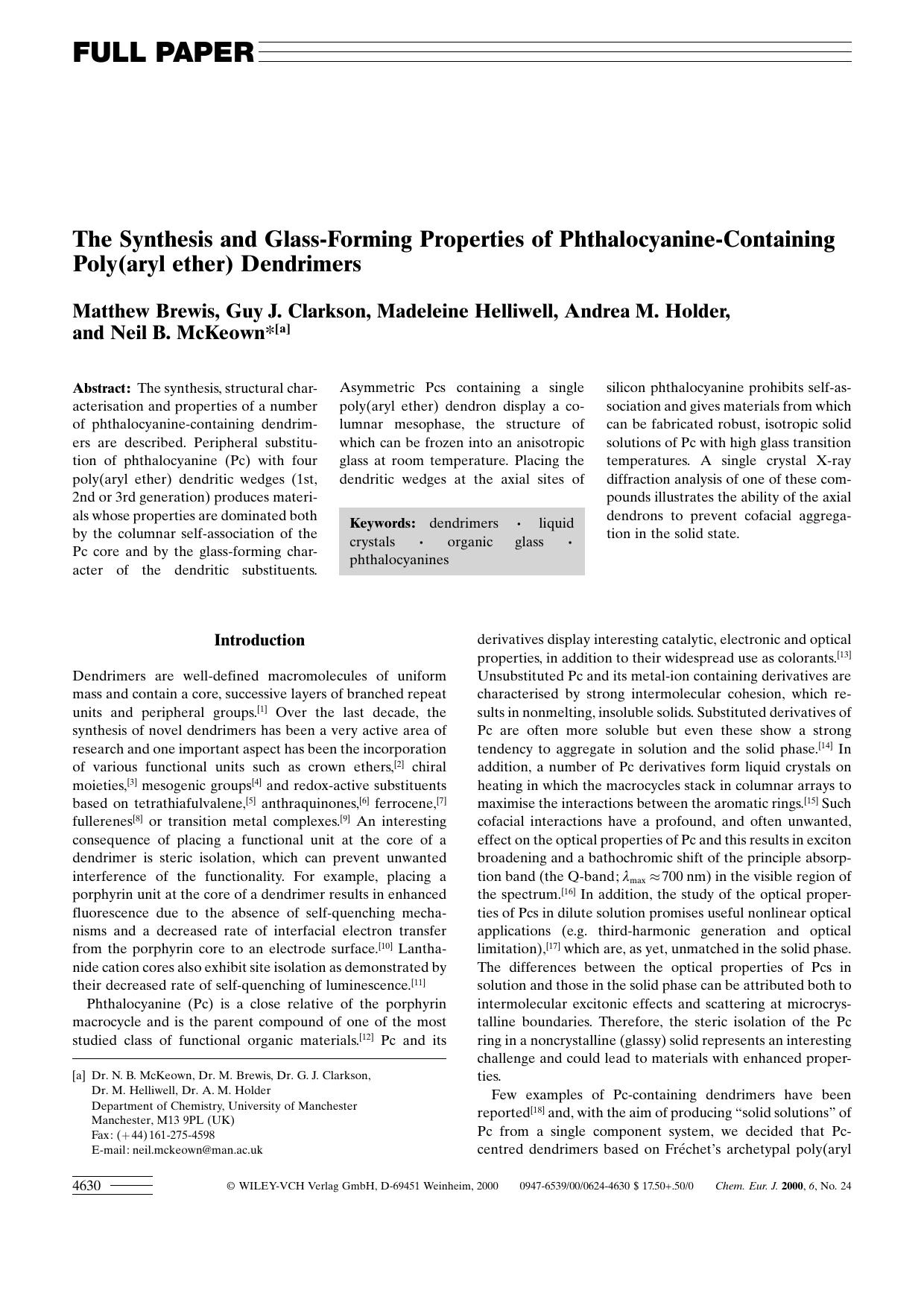 The Synthesis and Glass-Forming Properties of Phthalocyanine-Containing Poly(aryl ether) Dendrimers by Unknown