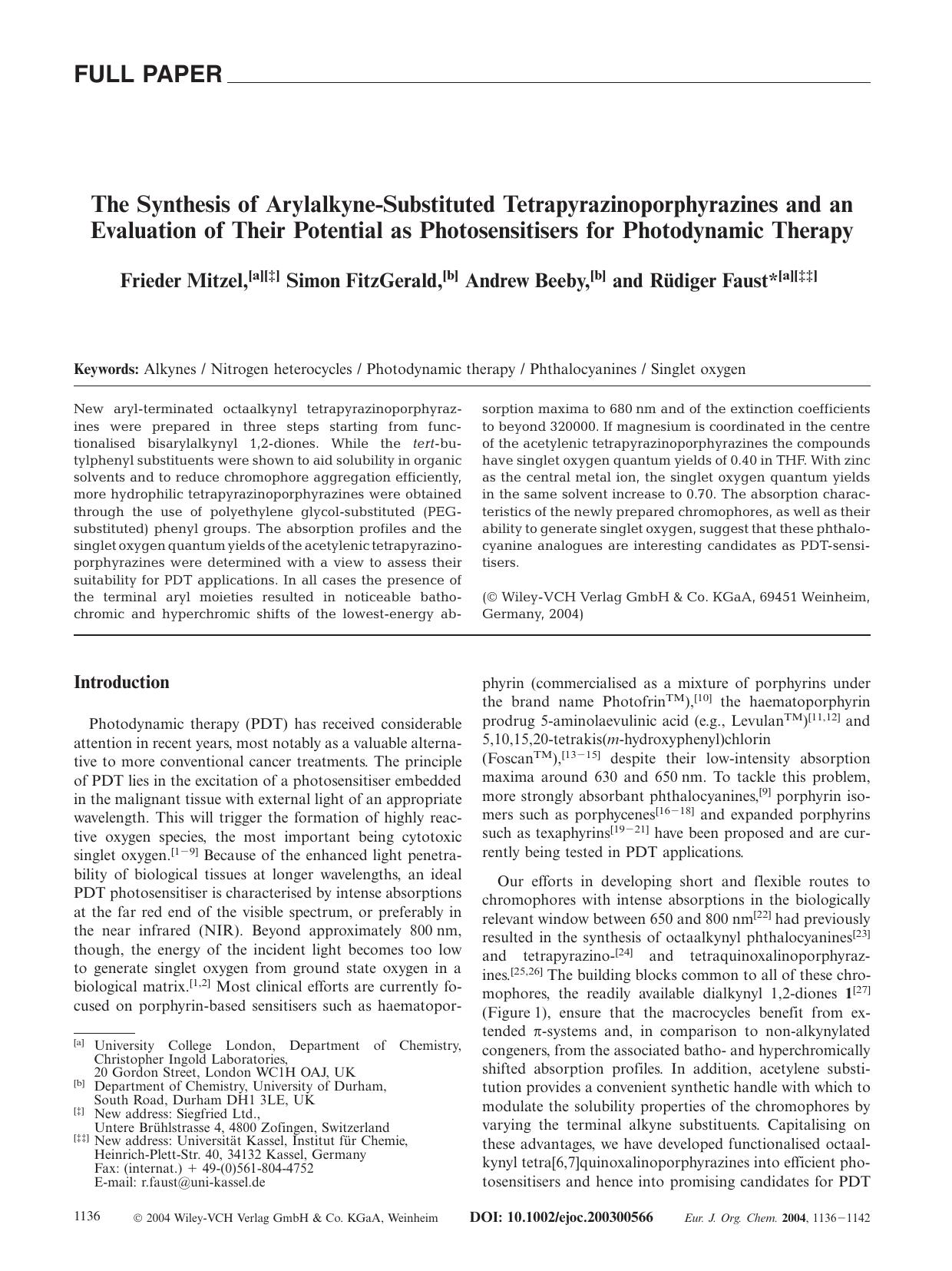 The Synthesis of Arylalkyne-Substituted Tetrapyrazinoporphyrazines and an Evaluation of Their Potential as Photosensitisers for Photodynamic Therapy by Unknown