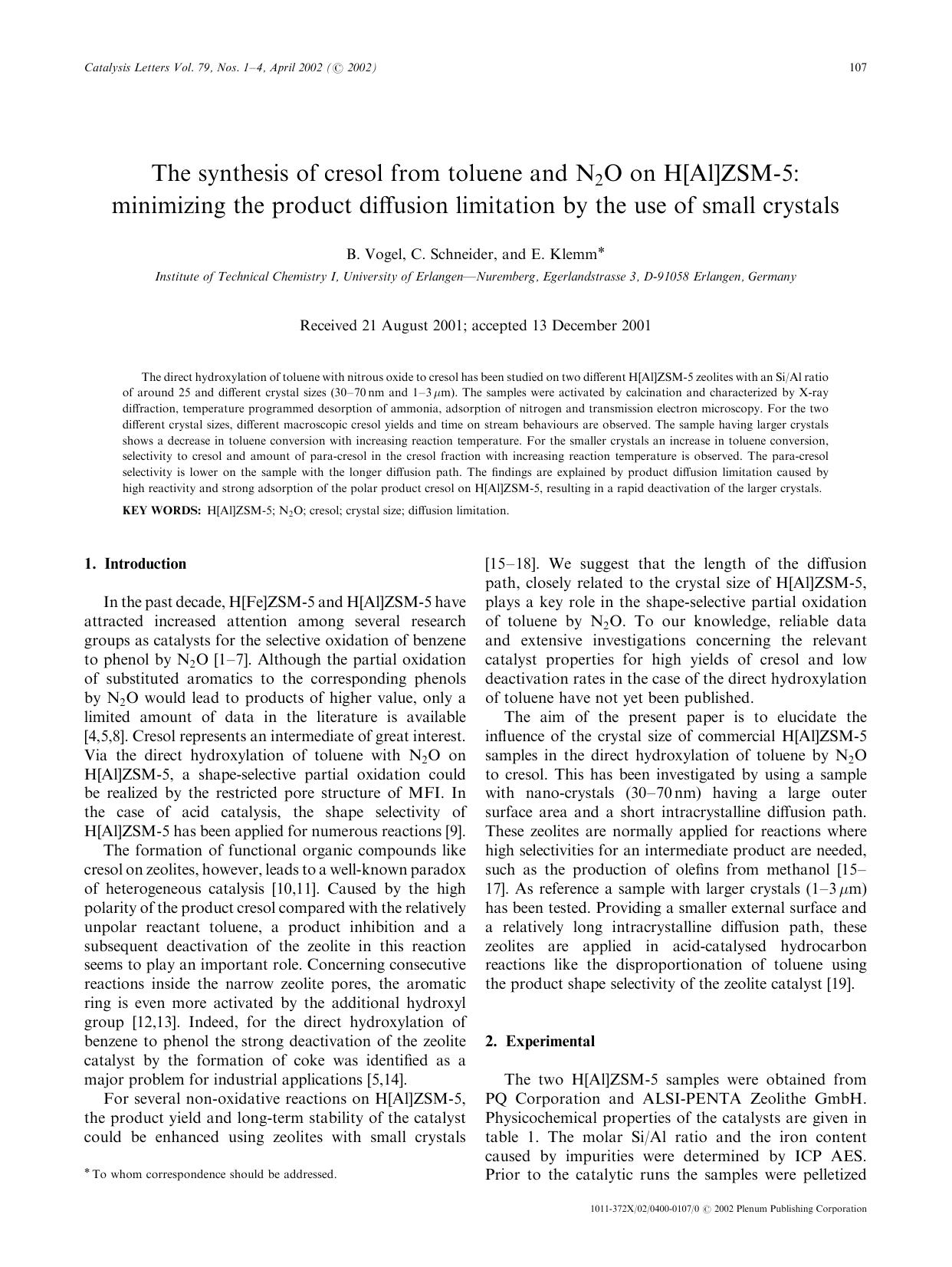 The Synthesis of Cresol from Toluene and N<Subscript>2<Subscript>O on H[Al]ZSM-5: Minimizing the Product Diffusion Limitation by the Use of Small Crystals by Unknown