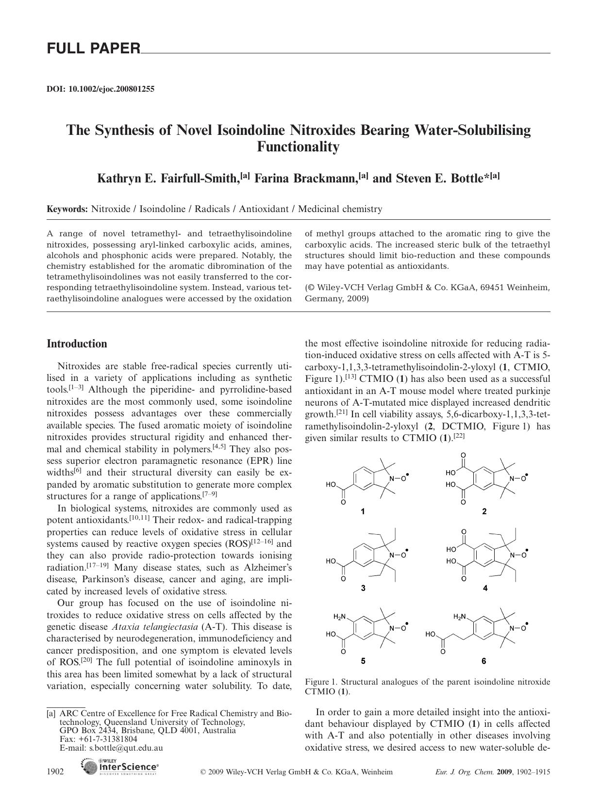 The Synthesis of Novel Isoindoline Nitroxides Bearing Water-Solubilising Functionality by Unknown