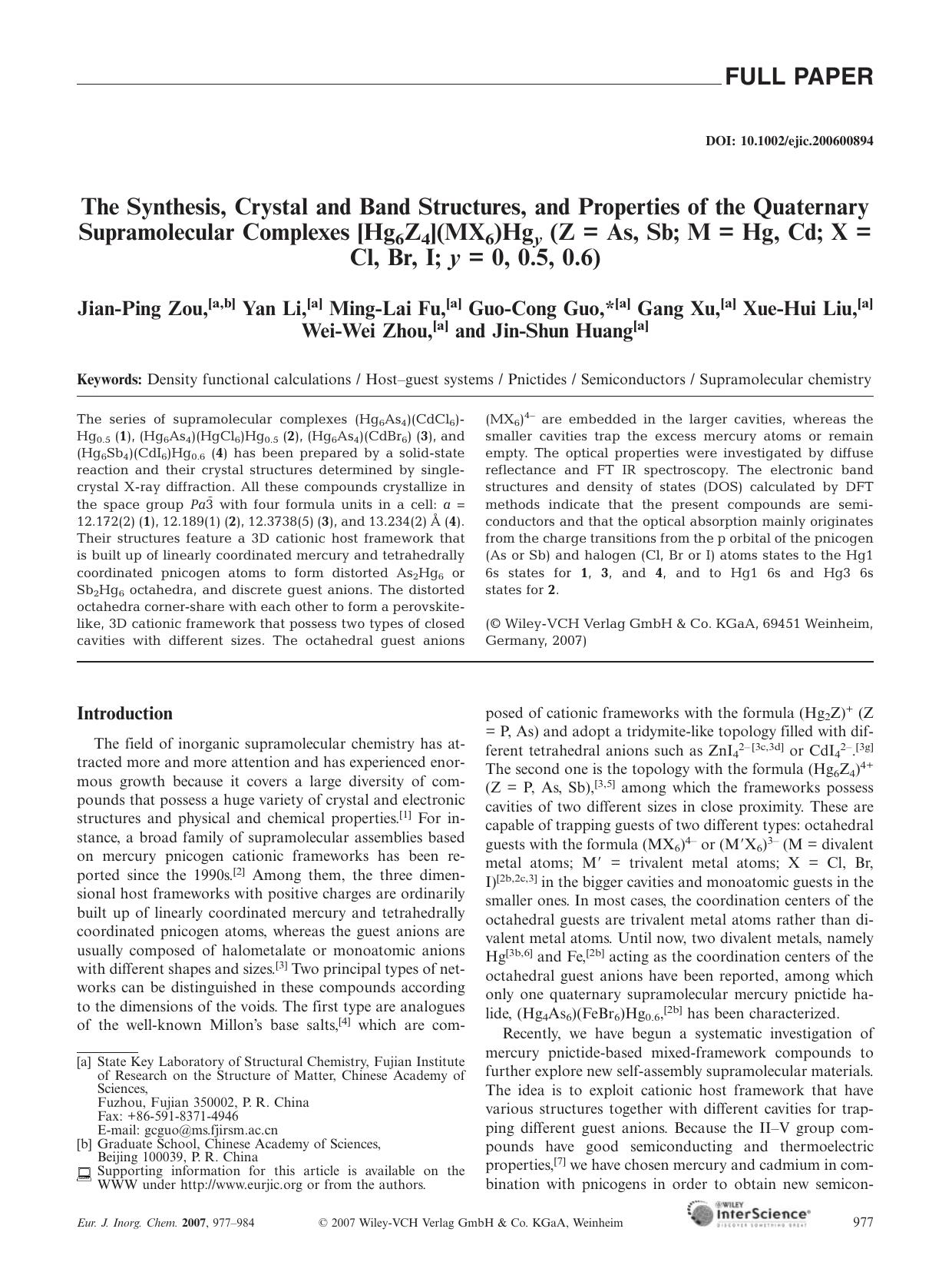 The Synthesis, Crystal and Band Structures, and Properties of the Quaternary Supramolecular Complexes [Hg6Z4](MX6)Hgy (Z = As, Sb; M = Hg, Cd; X = Cl, Br, I; y = 0, 0.5, 0.6) by Unknown