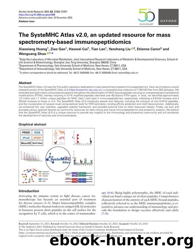 The SysteMHC Atlas v2.0, an updated resource for mass spectrometry-based immunopeptidomics by Xiaoxiang Huang & Ziao Gan & Haowei Cui & Tian Lan & Yansheng Liu & Etienne Caron & Wenguang Shao