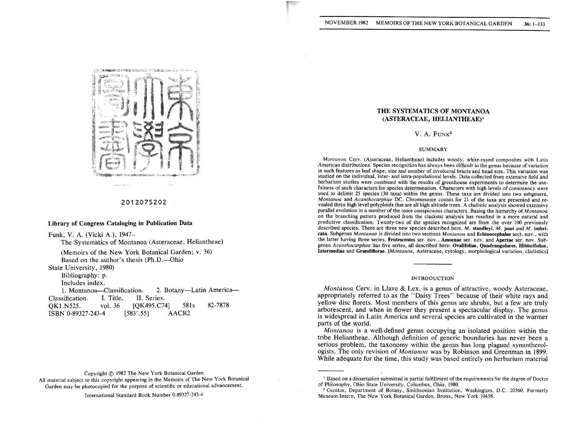 The Systematics of Montanoa (Asteraceae, Heliantheae) (Memoirs of the New York Botanical Garden Vol. 36) by Victoria (Vicki) Ann Funk