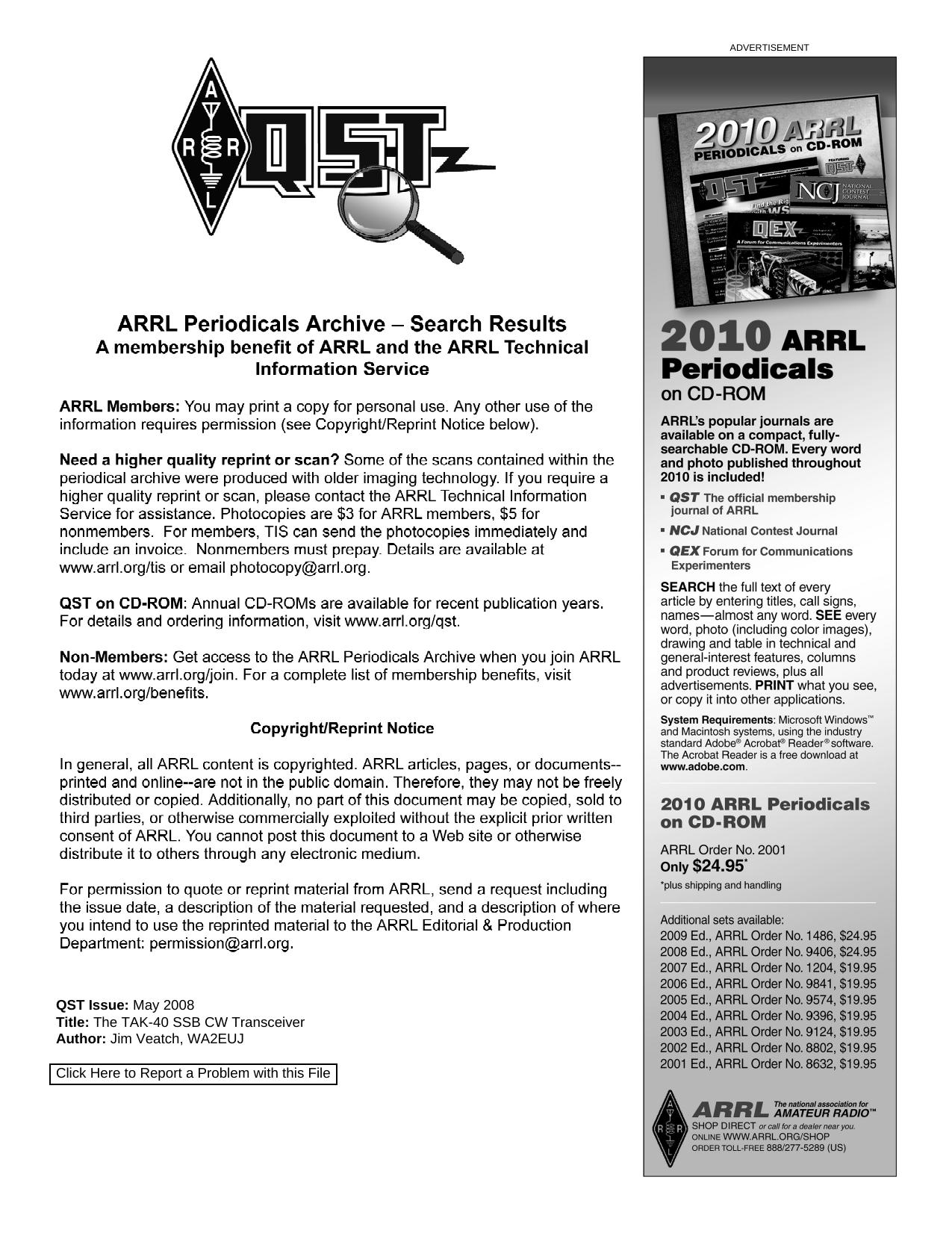 The TAK-40 SSB CW Transceiver by Copyright (c) 2013 American Radio Relay League Inc. All Rights Reserved
