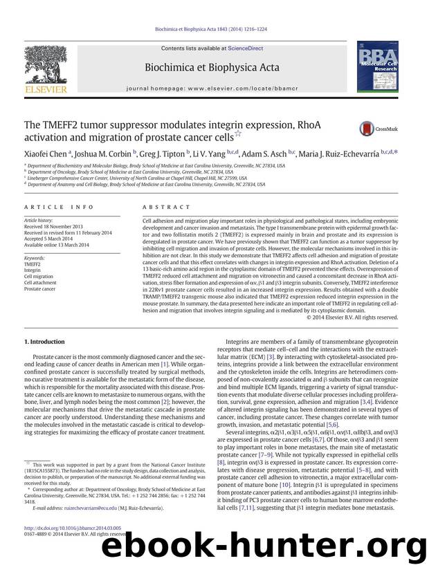 The TMEFF2 tumor suppressor modulates integrin expression, RhoA activation and migration of prostate cancer cells by unknow