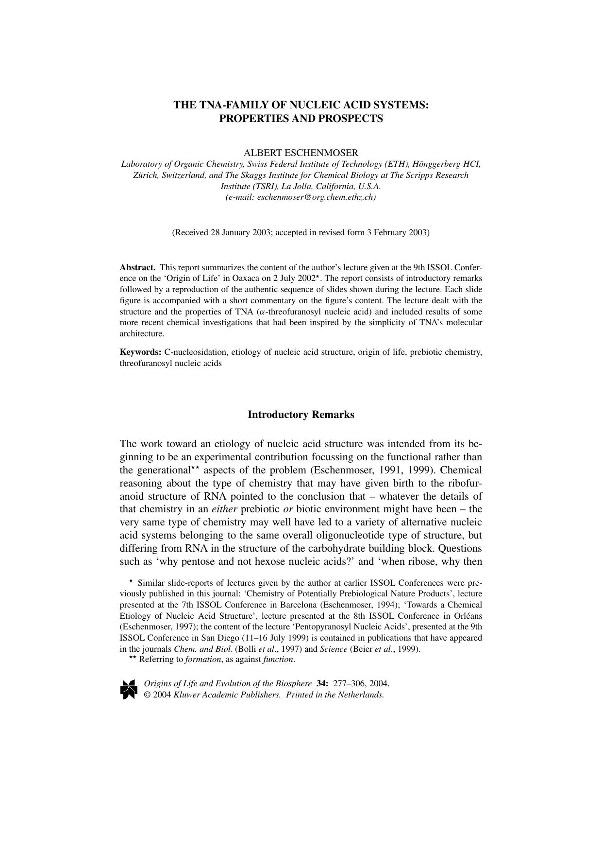The TNA-Family of Nucleic Acid Systems: Properties and Prospects by Unknown